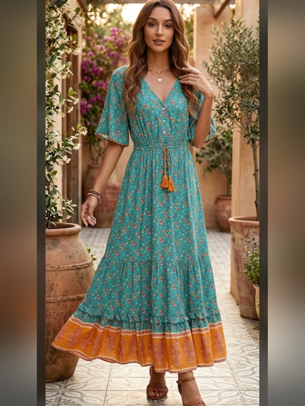 Boho, Flowy - R.Vivimos Teal Floral Women's Dress - Teal Floral